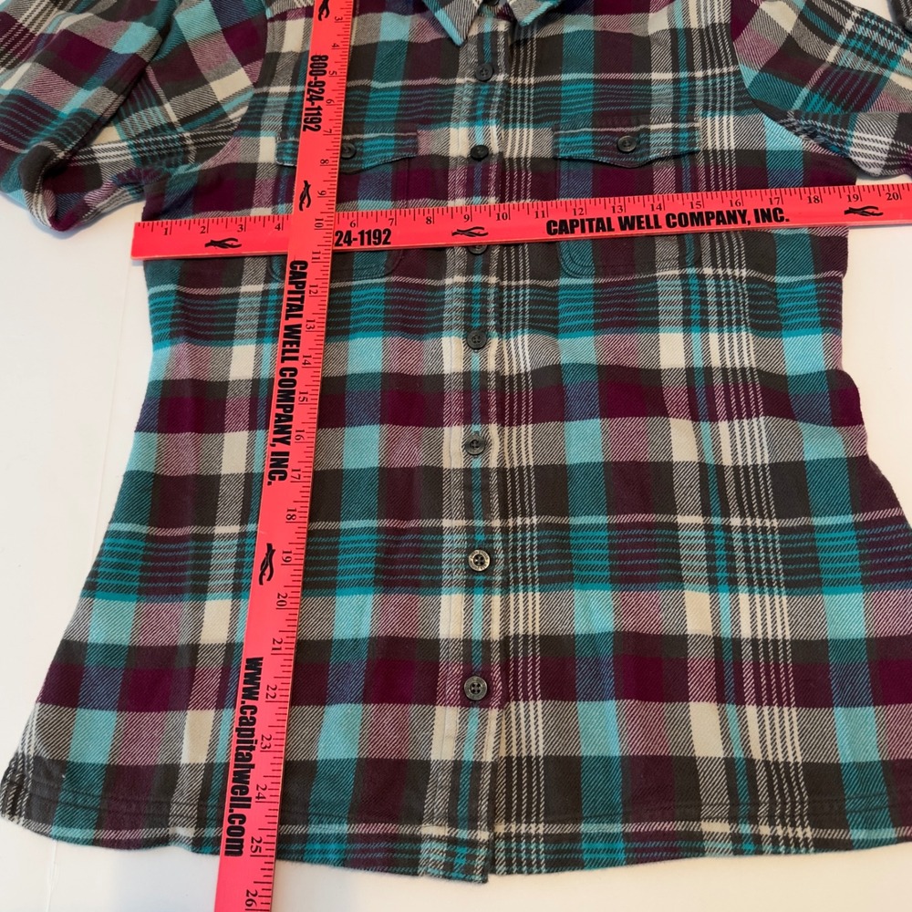 Patagonia Womens Organic Cotton Flannel Plaid Button Down Shirt Teal Purple Sz 6 - Picture 4 of 9